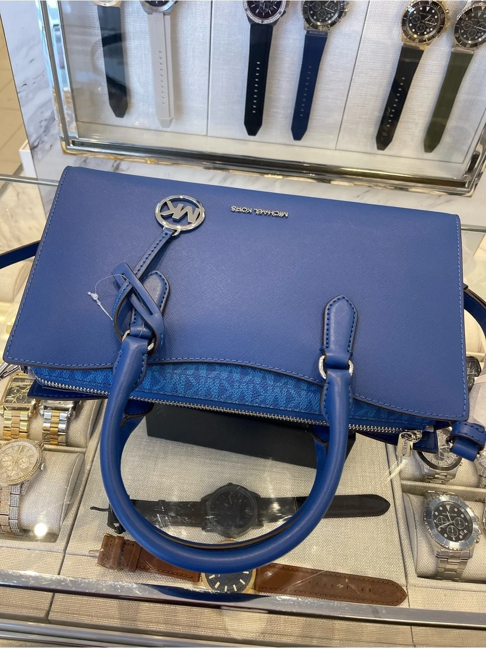 MICHAEL KORS Arden Md Top-Zip EW Leather Tote Crossbody Satchel  Galaxy Blue NWT